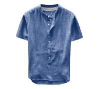 Camicia Uomo Lino Estiva Collo Coreana Camicia Manica Corta Casual Slim Fit Camicie Elegante Mare Firmata No Stiro Henley Shirts Con Bottoni Regular Fit Scollo a V Camicie Ufficio Per Spiaggia Vacanze
