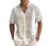 Camicia Uomo Lino Leger Estate Spiaggia Regular Fit Manica Corta Henley Camicetta Casual Cotone Camicie T Shirts Scollo a V Holiday Big Size Bottoni Camicia Vintage Classica Camicia Solid Top, beige