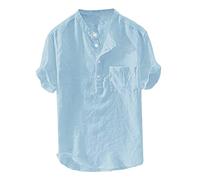 Camicia Uomo Lino Manica Lunga Manica Corta Solid Henley Chic Camicie Leger Da Spiaggia Estate Regular Fit Scollo a V Casual Elegante T-shirt con Tasca Abbottonata Traspirante Top Camicetta Shirt, Blu