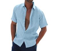Camicia Uomo Manica Lunga Camicie Casual Manica Corta Traspirante Vintage Spiaggia Scollo a V Estate in Lino T Shirts Leger Elegante Henley Camicetta Holiday Abbottonata Solid Top Regular Fit Shirt