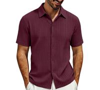 Camicia Uomo Maniche Corte A Bottoni con Texture Superficiale, Indossabile per Vacanze al Mare E Look Casual della Stagione Estiva(1B-Wine, L)