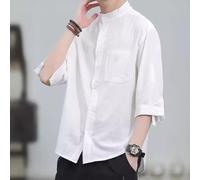 Camicia Uomo Misto Cotone Lino per Collo Alzato Cotone Lino | Design con colletto rialzato, vestibilità comoda, lunghezza manica a 7 quarti, ideale per primavera estate