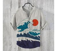 Camicia uomo stampa arte giapponese maniche corte con bottoni collo a V per top