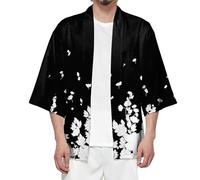 Camicia Uomo Tradizionale Giapponese Kimono Cappotto Cotone Casual Maniche 3/4 Open Front Cardigan Vintage Camicia Uomo Retro Stampato Hanfu Top Harajuku Modello Antico Camicia, 026 nero, XXL