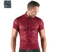 Camicia Uomo Trasparente Pizzo Floreale Rosso Scuro Elegante Maniche Corte