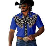 Camicia western da uomo a maniche corte da cowboy, camicia per carnevale, stile retrò vintage, con motivo ornamentale, camicia medievale per feste a tema country, P blu., XXXXXXL
