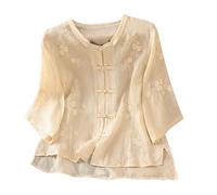 Camicie a maniche a 3/4 da donna UK elegante camicetta ricamata floreale con bottone pieghevole in stile cinese leggero top orientale da donna abbigliamento tradizionale cinese vintage top in stile