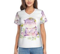 Camicie a maniche corte con scollo a V semi-elegante con stampa di farfalle e ippopotamo per donne, abbigliamento casual quotidiano e ufficio, Nero , L