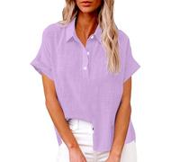 Camicie a maniche corte da donna con bottoni, camicette con colletto da donna UK - Camicette in tinta unita con maniche ad aletta, camicetta leggera in lino con scollo a V e bottoni, Viola, 5XL