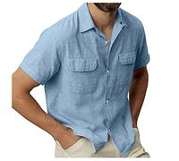 Camicie a maniche corte da uomo - Camicie da lavoro semplici a tinta unita Camicia estiva casual estiva fresca top da spiaggia con due tasche con bottoni camicia morbida e confortevole, Azzurro, L