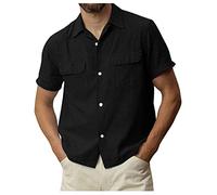 Camicie a maniche corte da uomo - Camicie da lavoro semplici a tinta unita Camicia estiva casual estiva fresca top da spiaggia con due tasche con bottoni camicia morbida e confortevole, Nero , L