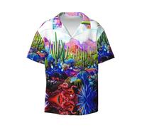 Camicie a maniche corte da uomo con motivo di cactus tropicale con volpe, serpente maiale, camicie con colletto cubano, adatte per gite in spiaggia e vacanze., Nero , 3XL