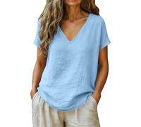 Camicie a maniche corte in cotone e lino da donna UK con scollo a V casual estate basic t-shirt elegante classica tinta unita tunica top morbida traspirante camicetta 2026 t-shirt alla moda, Azzurro