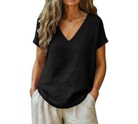 Camicie a maniche corte in cotone e lino da donna UK con scollo a V casual estate basic t-shirt elegante classica tinta unita tunica top morbida traspirante camicetta 2026 t-shirt alla moda, Nero , M