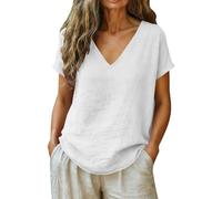 Camicie a maniche corte in cotone e lino da donna UK con scollo a V casual estate basic t-shirt elegante classica tinta unita tunica top morbida traspirante camicetta 2026 t-shirt alla moda, bianco