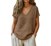 Camicie a maniche corte in cotone e lino da donna UK con scollo a V casual estate basic t-shirt elegante classica tinta unita tunica top morbida traspirante camicetta 2026 t-shirt alla moda, Caff, XL