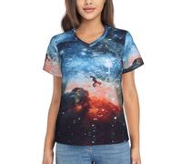 Camicie a maniche corte semi-eleganti con scollo a V con stampa 3D Galaxy Space per donne, abbigliamento casual quotidiano e ufficio, Nero , L