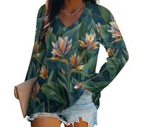 Camicie A Maniche Lunghe da Donna Casual - Motivo A Foglie E Fiori Uccello del Paradiso Stampa A Base Vegetale vestibilità Ampia da Donna con Scollo A V Top Mancare alla Moda