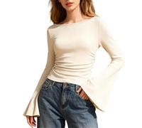 Camicie a maniche lunghe da donna con scollo a barchetta | T-shirt aderente da donna con maniche a campana increspate, scollo a barca alla moda Y2K per uscire, moda autunnale per
