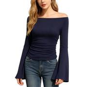 Camicie a maniche lunghe da donna con scollo a barchetta | T-shirt aderente da donna con maniche a campana increspate, scollo a barca alla moda Y2K per uscire, moda autunnale per