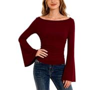 Camicie a maniche lunghe da donna con scollo a barchetta | T-shirt aderente da donna con maniche a campana increspate, scollo a barca alla moda Y2K per uscire, moda autunnale per