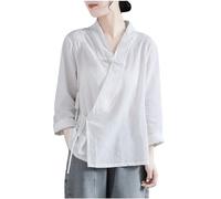Camicie a maniche lunghe da donna eleganti con scollo a V Qipao Cheongsam top leggero casual colletto alla coreana camicetta vintage stile etnico con bottoni top da donna abbigliamento tradizionale