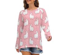 Camicie a maniche lunghe da donna - Simpatica alpaca rosa amore sciolto da donna t-shirt girocollo autunno t-shirt base, Stile-30, XL
