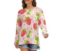 Camicie a maniche lunghe da donna - Simpatico fragola rosa amore sciolto da donna t-shirt girocollo autunno t-shirt base, Stile 25., XL