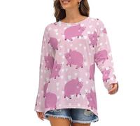 Camicie a maniche lunghe da donna - T-shirt girocollo rosa carino maiale amore sciolto per le donne, Stile 37, S