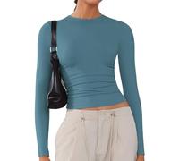 Camicie a maniche lunghe da donna Top girocollo T-shirt basic Crop Top casual T-shirt per uscire Primavera 2025 Slim Fit Y2k Top, Blu polvere, S