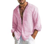 Camicie a maniche lunghe da uomo camicia a righe leggera vestibilità ampia camicia estiva da uomo UK classico verticale traspirante top hawaiano casual camicetta non stirata top da spiaggia, Rosso, XL