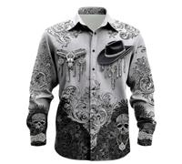 Camicie a maniche lunghe da uomo con stampa teschio cowboy casual con