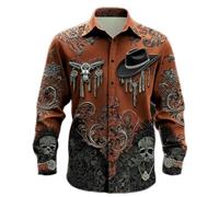 Camicie a maniche lunghe da uomo con stampa teschio cowboy casual con