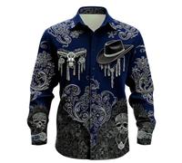 Camicie a maniche lunghe da uomo con stampa teschio cowboy casual con