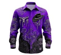 Camicie a maniche lunghe da uomo con stampa teschio cowboy casual con