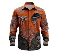 Camicie a maniche lunghe da uomo con stampa teschio cowboy casual con