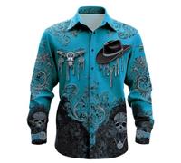 Camicie a maniche lunghe da uomo con stampa teschio cowboy casual con