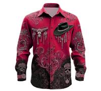 Camicie a maniche lunghe da uomo con stampa teschio cowboy casual con