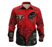 Camicie a maniche lunghe da uomo con stampa teschio cowboy casual con