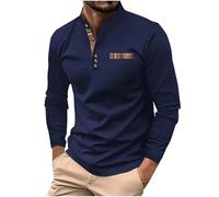 Camicie a maniche lunghe da uomo Versatile tinta unita Button Up Workwear Camicetta Collo Stand Up Camicie Pullover, U-387 Navy, L