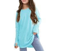 Camicie a maniche lunghe per bambine con fori per il pollice e orlo a girocollo, tunica larga 5-14 anni, Cielo blu, 5-6 Anni