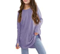 Camicie a maniche lunghe per ragazze con fori per il pollice Oversize Fashion Top Kids Girocollo T-shirt allentata Camicetta Tinta unita, Viola, 9-10 Anni