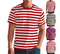 Camicie a righe per uomo, camicia a righe orizzontali, a manica corta, girocollo, maglietta alla moda, top classico, t-shirt basic, camicette, Rosso anguria, M