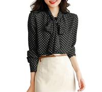 Camicie Casual Da Donna - Camicia Da Donna Con Stampa A Pois Moda Top In Chiffon A Maniche Lunghe Nero Elegante Scollo A V Con Fiocco Camicetta Monopetto Elegante Per Feste Aziendali Casual Streetw