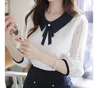 Camicie Casual Da Donna - Moda Primavera E L'Estate Camicetta In Chiffon Da Donna Camicia Retrò Con Scollo A V Bowknot Patchwork Mezza Manica Elegante Camicetta Di Pizzo Semplice Bianco Casual Busi