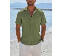 Camicie casual da uomo a maniche corte con bottoni, camicia estiva per le vacanze estive camicie leggere testurizzate, Verde militare, S