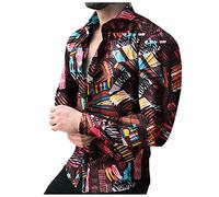 Camicie casual da uomo con stampa slim fit, camicia a maniche lunghe hawaiana con bottoni e bottoni per feste, casual, fantasia, floreali, Marrone, L
