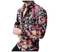 Camicie casual da uomo con stampa slim fit, camicia a maniche lunghe hawaiana con bottoni e bottoni per feste, casual, fantasia, floreali, rosa, XL