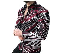 Camicie casual da uomo con stampa slim fit, camicia a maniche lunghe hawaiana con bottoni e bottoni per feste, casual, fantasia, floreali, Rosso, M