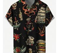 Camicie casual da uomo taglia comoda con stampa di teschi per Ognissanti, camicie a maniche corte con colletto polo, taschino sul petto, stampa digitale 3D di ancore, polpi, squali, ideali per le vaca